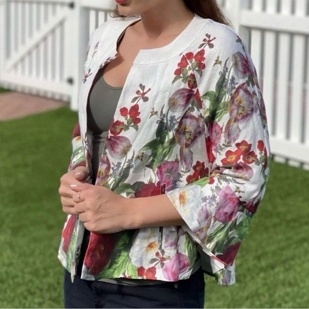 Anthropologie Eva Franco Open Front Floral Rose 100% Linen Cardigan Size M